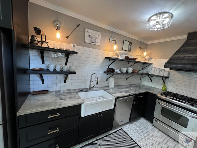 kitchen featuring crown molding, sink, backsplash, stainless steel appliances, and light stone counters