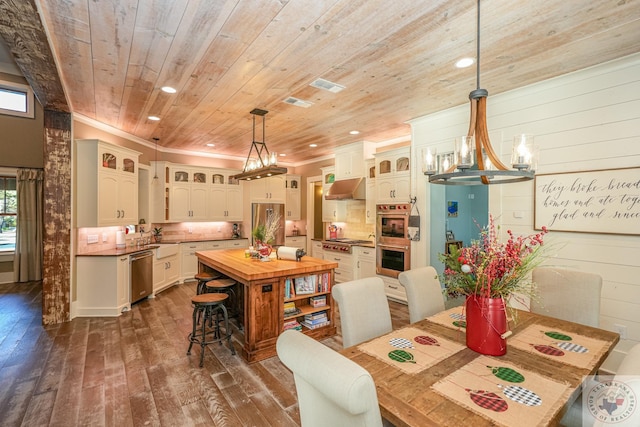 dining space with wood ceiling, wooden walls, dark hardwood / wood-style floors, and crown molding