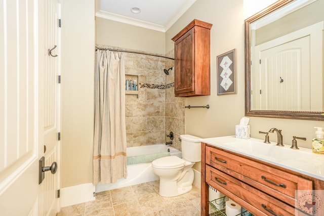 full bathroom with crown molding, vanity, toilet, and shower / bath combination with curtain