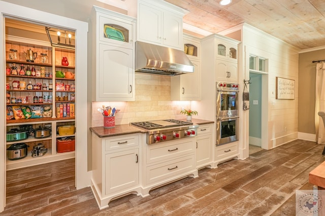 kitchen featuring white cabinetry, wooden ceiling, dark hardwood / wood-style flooring, stainless steel appliances, and range hood