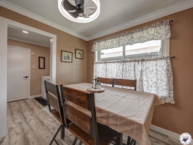 1216 Lavaca Ave, Texarkana, TX 75503 - dining room with crown molding, light wood-style floors, a ceiling fan, plenty of natural light, and a textured ceiling