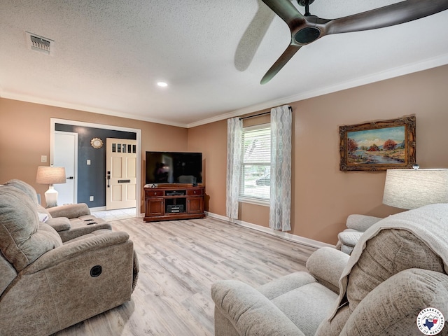 1216 Lavaca Ave, Texarkana, TX 75503 - living room with crown molding, a ceiling fan, light wood finished floors, and a textured ceiling