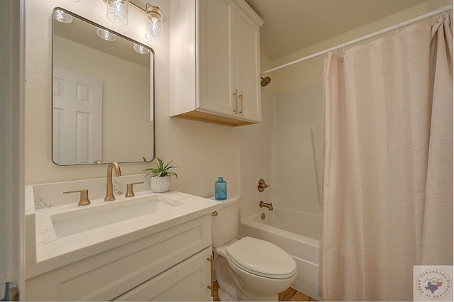 full bathroom with shower / bath combo, toilet, and vanity