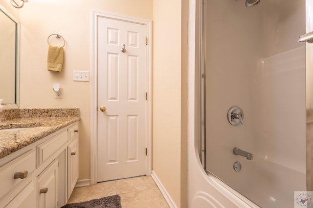 bathroom with shower / bath combination with glass door, tile patterned floors, and vanity