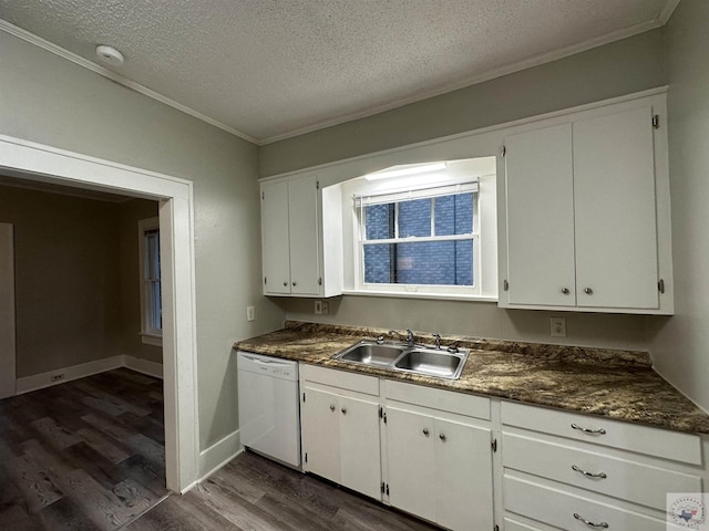 kitchen with sink, white cabinets, a textured ceiling, and dishwasher