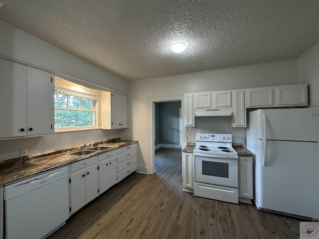 kitchen featuring white appliances, a textured ceiling, dark wood-type flooring, white cabinetry, and sink