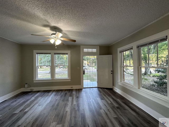 interior space featuring ceiling fan, crown molding, dark hardwood / wood-style flooring, and a textured ceiling