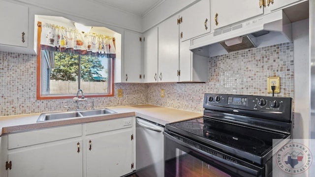 kitchen with stainless steel dishwasher, sink, white cabinets, backsplash, and black range with electric stovetop