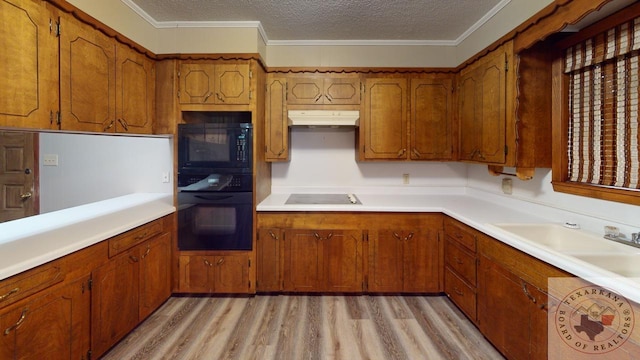 kitchen featuring sink, light hardwood / wood-style floors, a textured ceiling, ornamental molding, and black appliances