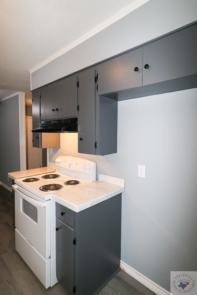 kitchen featuring dark wood-type flooring, white range with electric stovetop, and gray cabinetry