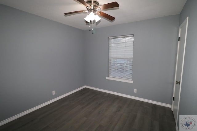 unfurnished room featuring ceiling fan and dark wood-type flooring