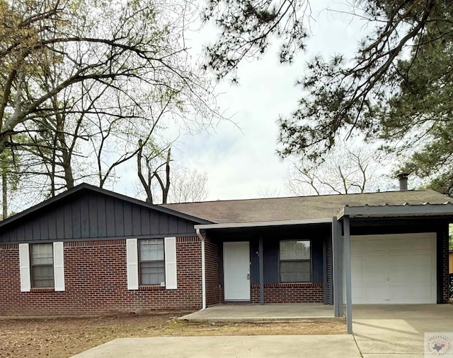 415 Greenwood St, Nash, TX 75569 - single story home with a garage, brick siding, driveway, a shingled roof, and a porch