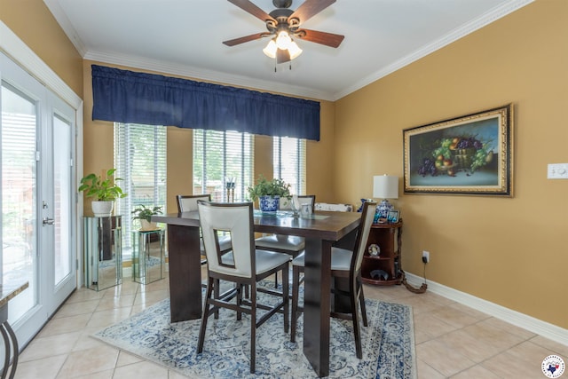 7 Brittan Pl, Texarkana, TX 75503 - dining room featuring crown molding, light tile patterned floors, a ceiling fan, and baseboards