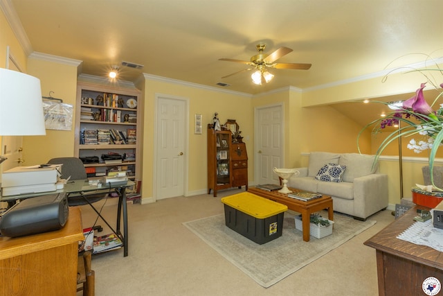 7 Brittan Pl, Texarkana, TX 75503 - living area with a desk, light colored carpet, ceiling fan, ornamental molding, and baseboards