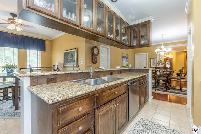 7 Brittan Pl, Texarkana, TX 75503 - kitchen featuring a sink, dishwasher, crown molding, light tile patterned floors, and a ceiling fan