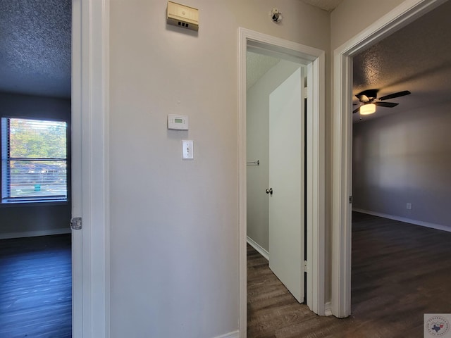 corridor featuring a textured ceiling and dark hardwood / wood-style flooring