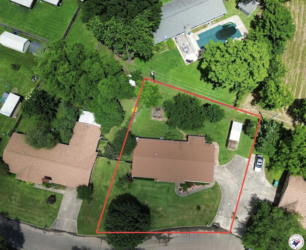 512 Langford Ln, New Boston, TX 75570 - aerial view of property and surrounding area featuring property boundaries highlighted