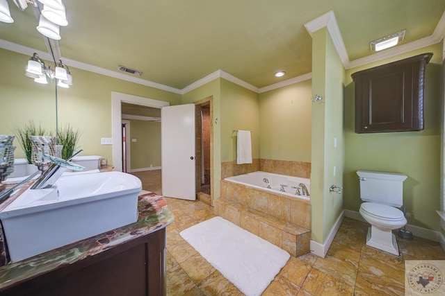 full bath with double vanity, crown molding, toilet, and a bath