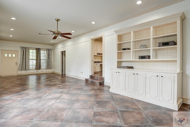 unfurnished living room with ceiling fan, ornamental molding, baseboards, and recessed lighting