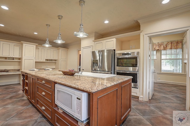 kitchen with stainless steel appliances, hanging light fixtures, ornamental molding, light stone countertops, and a center island with sink