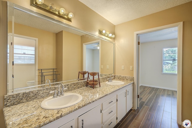 228 E Greenfield Dr, Wake Village, TX 75501 - bathroom with double vanity, healthy amount of natural light, wood tiled floors, a textured ceiling, and toilet