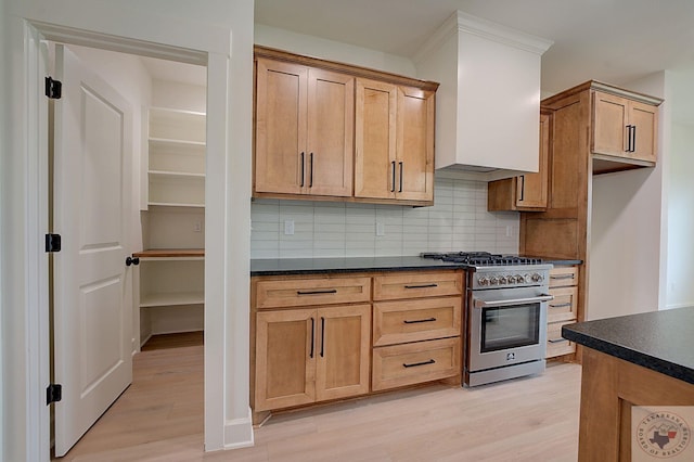 kitchen with decorative backsplash, stainless steel stove, and light wood-type flooring