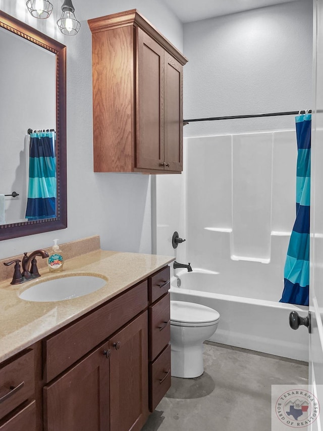 full bathroom with shower / bath combo, toilet, and vanity