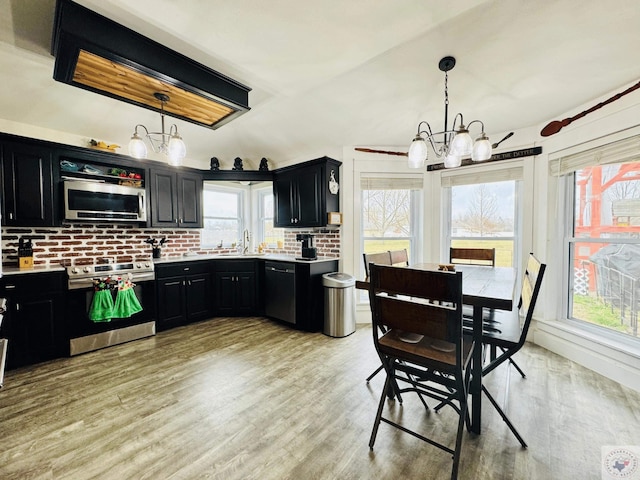 kitchen with an inviting chandelier, dark cabinetry, plenty of natural light, and appliances with stainless steel finishes