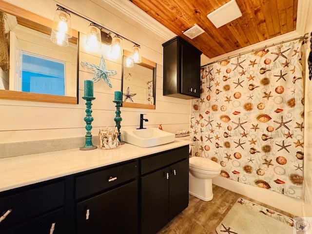 bathroom featuring visible vents, toilet, wood ceiling, wood finished floors, and vanity