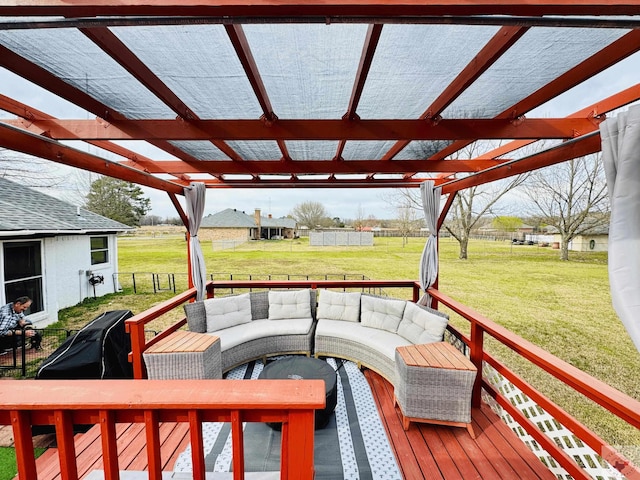 deck with a yard and fence