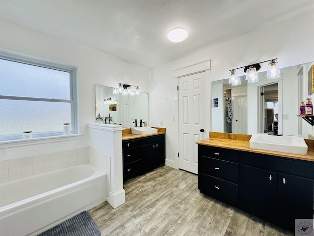 bathroom featuring a sink, two vanities, wood finished floors, and a shower stall