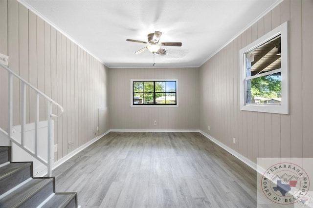 empty room with light wood-type flooring, ceiling fan, and ornamental molding