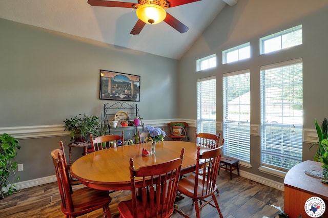 203 Peter Alan St, Wake Village, TX 75501 - dining area featuring ceiling fan, wood finished floors, and high vaulted ceiling