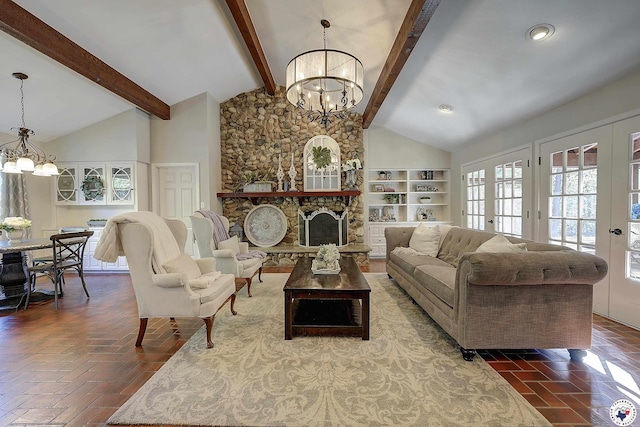 986 Texas Highway 77 W, Atlanta, TX 75551 - living room featuring a chandelier, french doors, and vaulted ceiling with beams