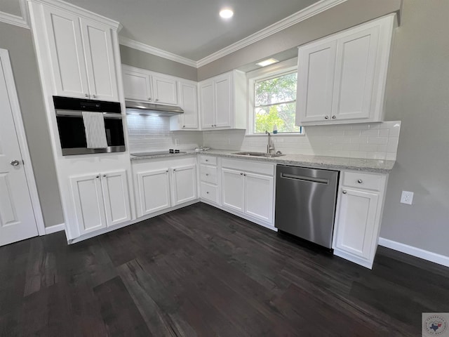 kitchen featuring oven, dishwasher, white cabinets, sink, and dark hardwood / wood-style floors