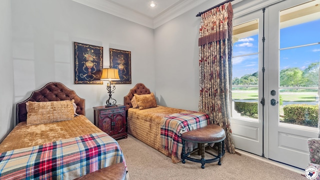 bedroom featuring french doors, carpet flooring, recessed lighting, and ornamental molding