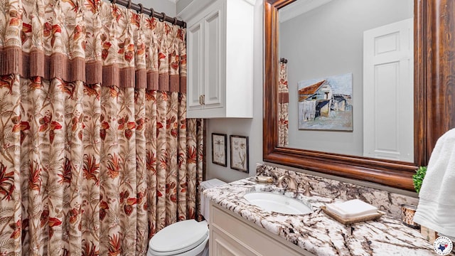bathroom featuring toilet, vanity, and a shower with curtain