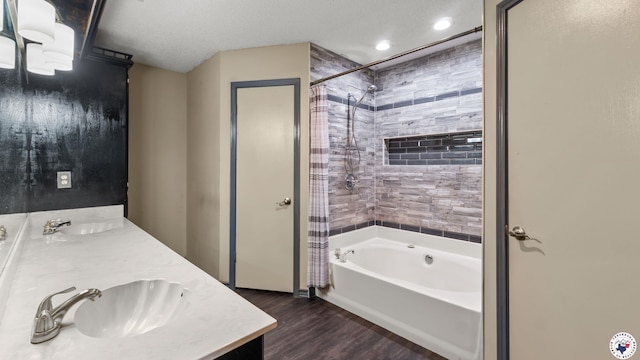 208 Jeffrey Ln, Wake Village, TX 75501 - bathroom featuring shower / bathtub combination with curtain, wood finished floors, double vanity, and recessed lighting