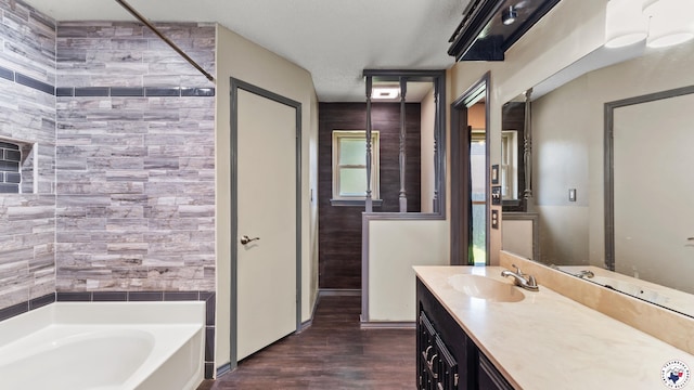 208 Jeffrey Ln, Wake Village, TX 75501 - bathroom with a tub, vanity, wood finished floors, and a shower