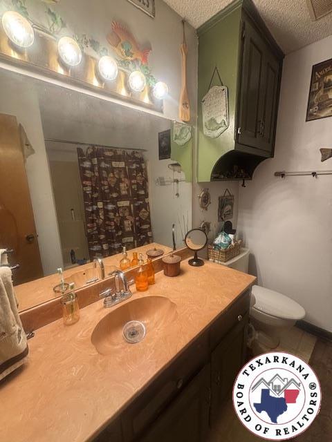 4903 Charleston St, Texarkana, AR 71854 - bathroom featuring a textured ceiling, vanity, and a shower with curtain