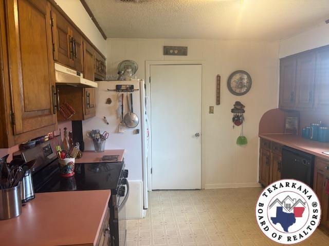 4903 Charleston St, Texarkana, AR 71854 - kitchen with under cabinet range hood, electric range oven, dishwasher, light flooring, and brown cabinetry