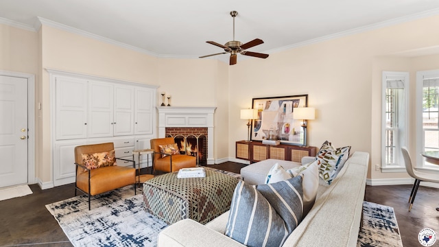 11 Dogwood Pl, Texarkana, TX 75503 - living room featuring crown molding, a fireplace, baseboards, and a ceiling fan
