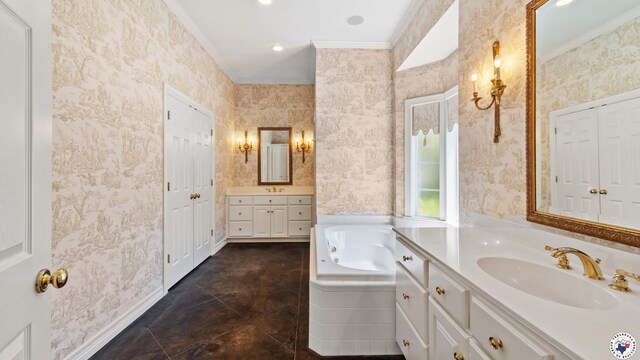 11 Dogwood Pl, Texarkana, TX 75503 - full bath featuring two vanities, ornamental molding, tile patterned flooring, a bath, and a sink