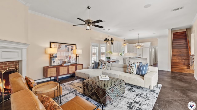 11 Dogwood Pl, Texarkana, TX 75503 - living area featuring crown molding, ceiling fan with notable chandelier, visible vents, stairway, and a brick fireplace
