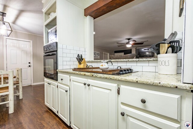205 S Park Dr, New Boston, TX 75570 - kitchen featuring black appliances, backsplash, ceiling fan, dark wood-style flooring, and light stone counters
