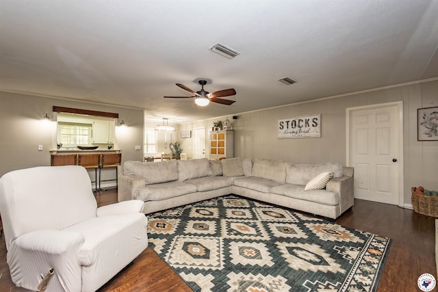 205 S Park Dr, New Boston, TX 75570 - living room with a ceiling fan, dark wood-type flooring, and ornamental molding