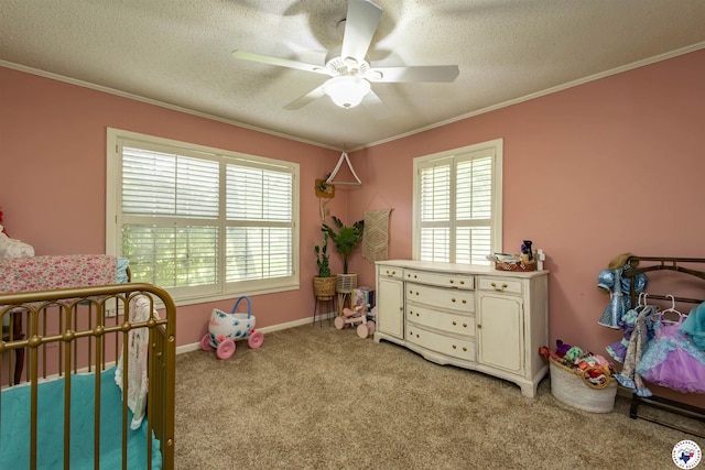 205 S Park Dr, New Boston, TX 75570 - bedroom with light carpet, ornamental molding, a textured ceiling, and a ceiling fan
