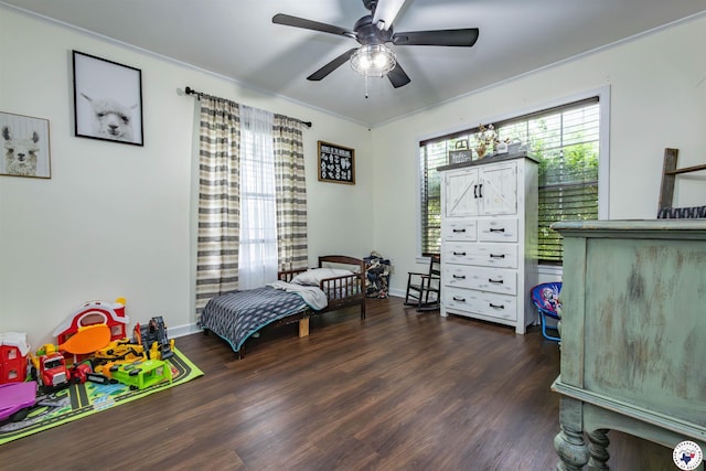 205 S Park Dr, New Boston, TX 75570 - bedroom with wood finished floors, ornamental molding, baseboards, and a ceiling fan