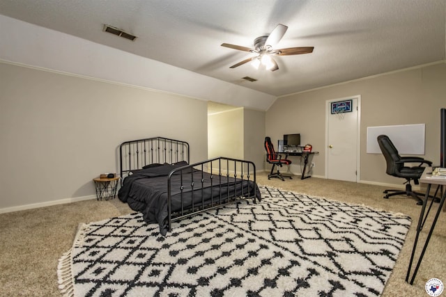 205 S Park Dr, New Boston, TX 75570 - bedroom featuring carpet flooring, a desk, baseboards, vaulted ceiling, and ceiling fan