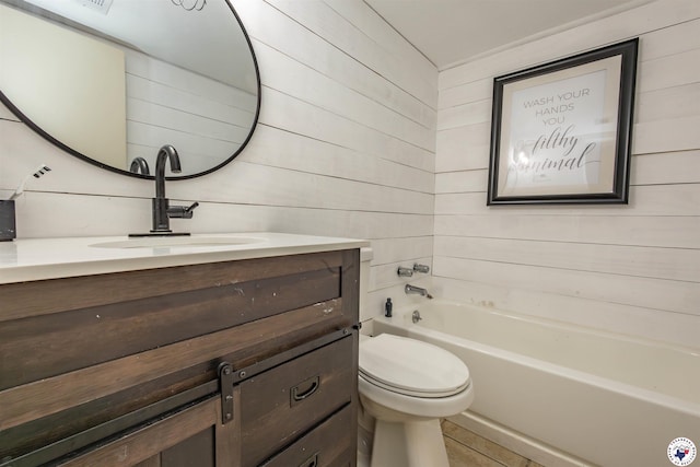 205 S Park Dr, New Boston, TX 75570 - bathroom with wood walls, vanity, toilet, and tile patterned flooring
